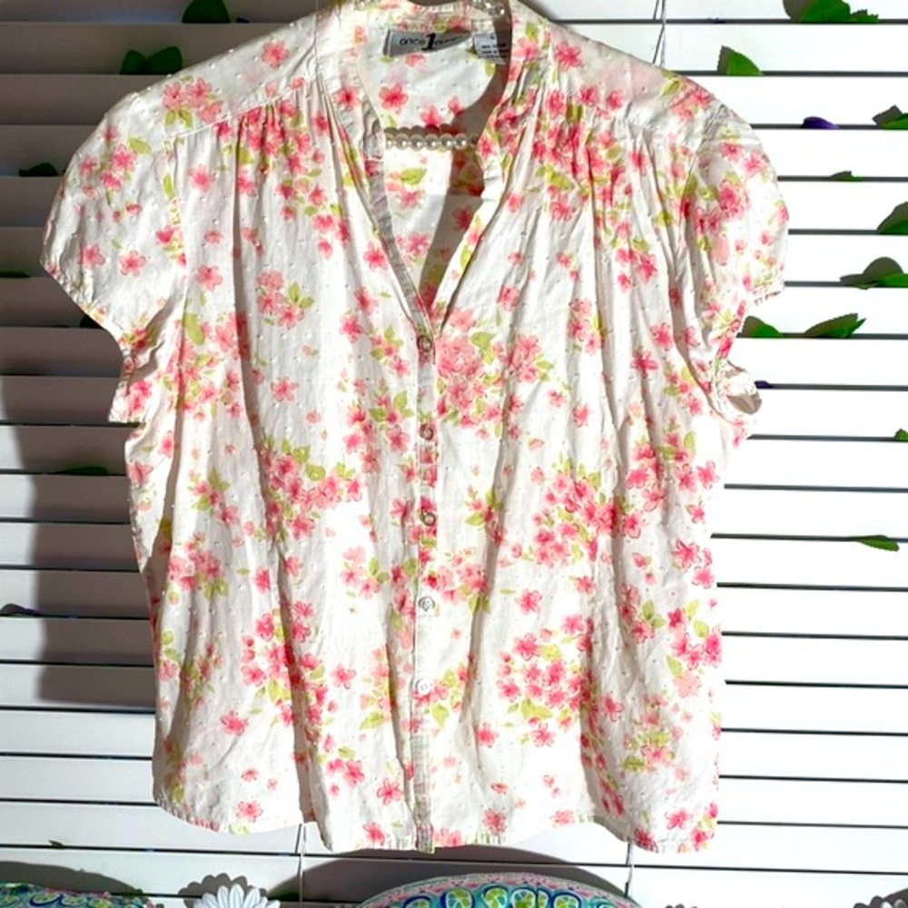 Once Again pretty pink floral top on white Swiss dot fabric